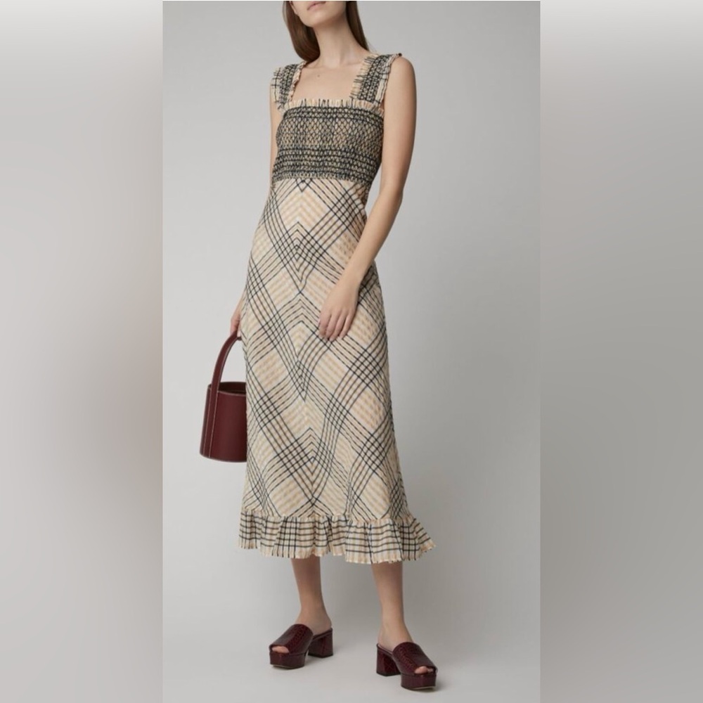 Ganni Black and Cream Seersucker Dress